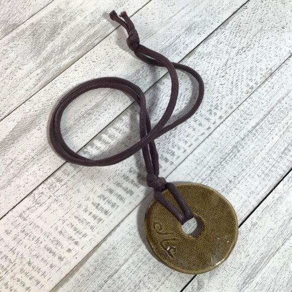 Handcrafted Ceramic Pendant Necklace With Rustic Brown Cord - Picture 5 of 5